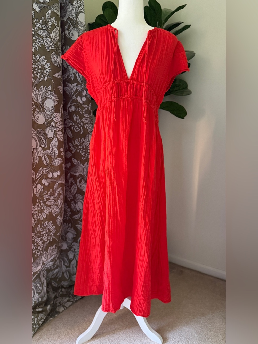 H&M Red V-Neck Cap Sleeve Cotton Midi Dress